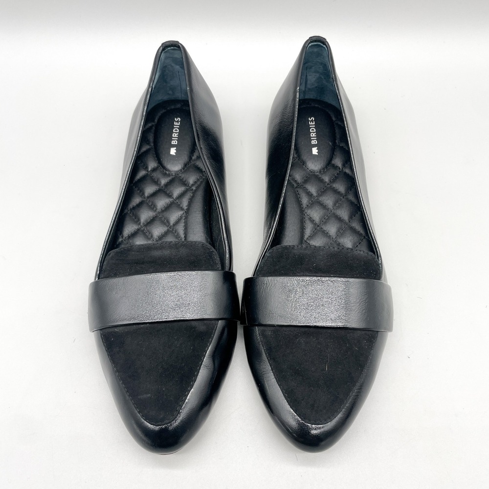 Birdies Womens 9 The Swan Pointed Toe Loafer Flats Black Leather Suede Chic